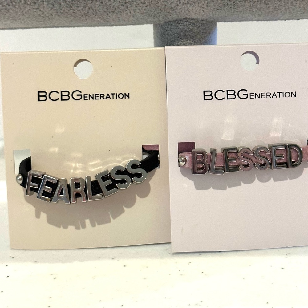NWT Set of 2 BCBGeneration Bracelets- “Fearless” and “Blessed” silver on leather